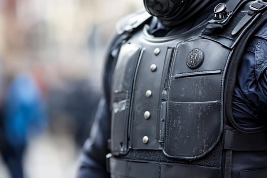 A police officer in a black vest and helmet photo