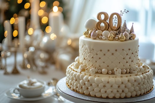 Elegant white and gold cake celebrating an 80th birthday during christmas holidays photo