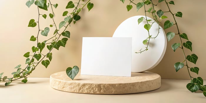 Blank card mockup with ivy leaves for invitation design and stationery branding presentation on beige background photo