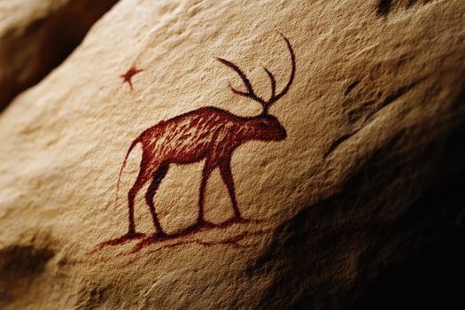 Prehistoric cave painting depicting deer and star on rock surface photo