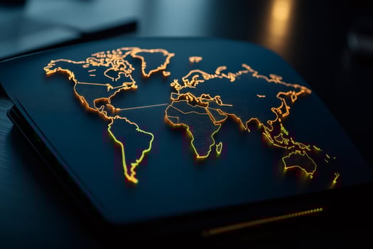 Glowing world map showing international connections and global networks photo