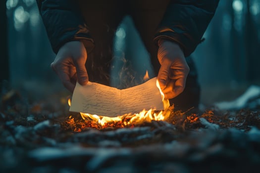 Man burning letter in forest fire at night photo