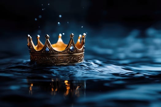 Golden crown emerging from dark water with blue reflections photo