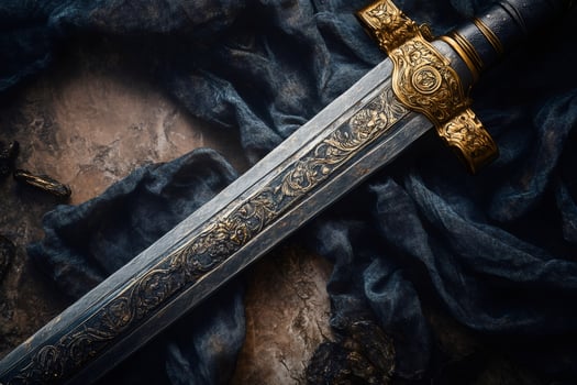 Ornate medieval sword resting on dark cloth, evoking history and fantasy photo