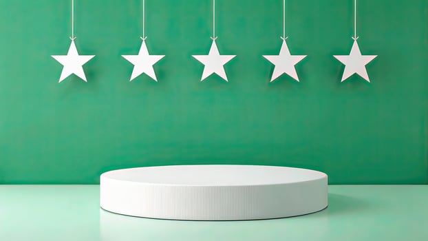 Product showcase podium with five star rating for branding and advertising presentation template design photo