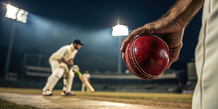 Cricket match ball in hand bowler ready to bowl at night stadium professional sports competition photo