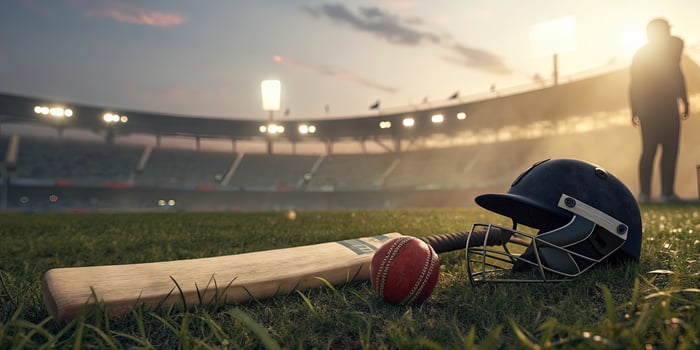 Cricket equipment on field stadium bat ball helmet sports game professional athlete competitive match photo