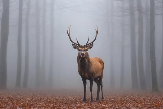 A deer stands in the middle of a foggy forest photo