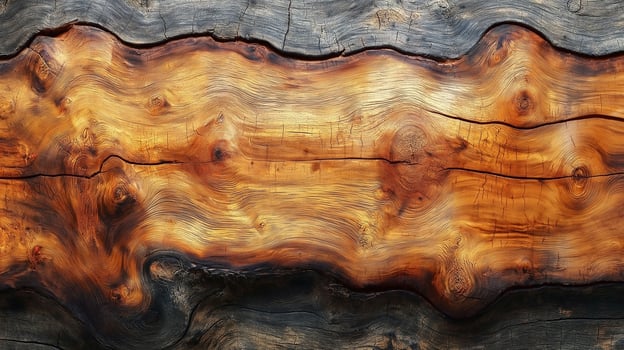 A stunning close-up of polished wood grain showcasing rich textures and warm brown tones. photo