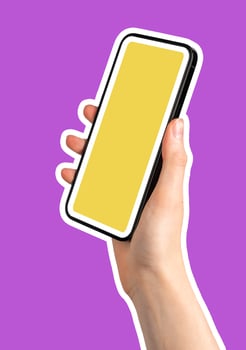Phone in hand. Woman holding smart device with screen showing modern digital communication, social photo