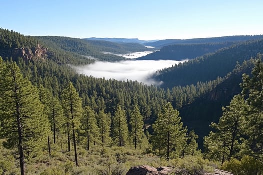 A view of the mountains and trees with fog in the distance photo