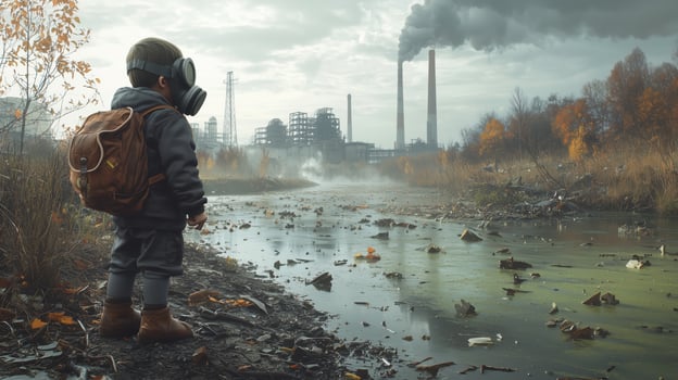 Environmental Crisis Child Stands by Polluted Water photo