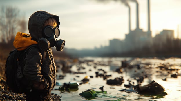 Lonely Child in Gas Mask by Polluted River photo