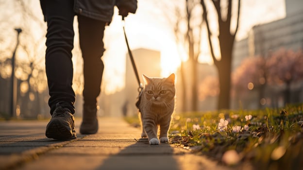 Joyful Cat Walker Exploring a Blooming Park photo