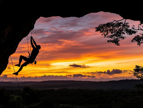 Silhouette of a climber hanging from a rock at sunset, overcoming a challenge photo
