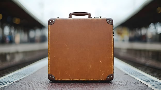 Vintage Brown Suitcase at Train Station Platform Travel Journey Departure photo