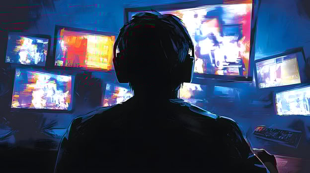 Person with Headphones Immersed in Multi Monitor Gaming Setup at Night photo