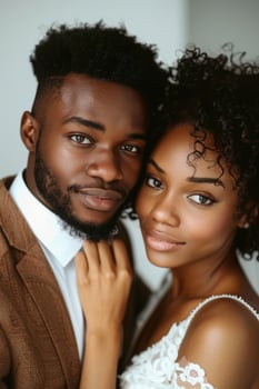 happy couple of African American newlyweds, wedding ceremony, smiling bride and groom, wife and husband in love photo