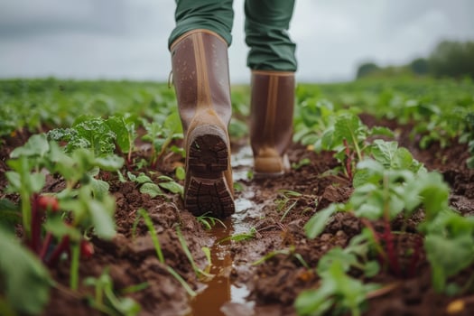 A farmer walks through a muddy field wearing rain boots, navigating between rows of vibrant green crops under cloudy skies photo