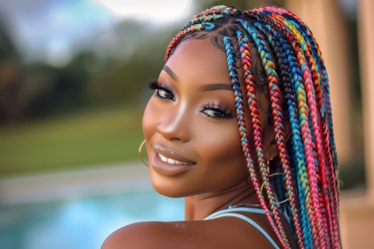 A Black woman with long, colorful braids poses confidently in a lush garden. The sunlight highlights her radiant smile and natural beauty photo