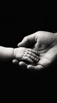 A large hand gently holds a small child's hand, symbolizing love and connection in a striking black and white composition photo