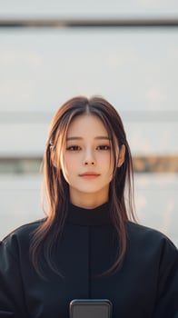 A Japanese K-pop female idol stands confidently outdoors, holding a cell phone, surrounded by a sleek urban landscape in daylight photo