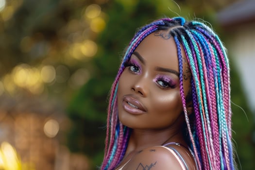 Black woman showcases her stunning long colorful braids while enjoying a sunny day outdoors in a lush green environment photo