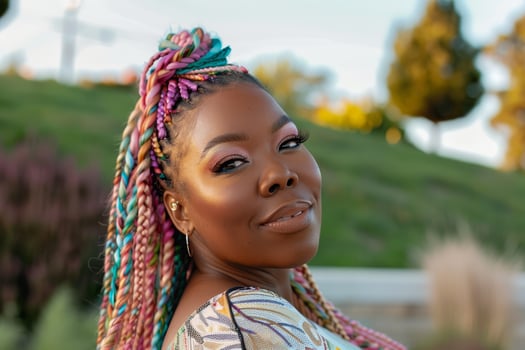 A Black woman with vibrant and long colorful braids stands confidently, radiating joy and beauty in a sunny outdoor location photo