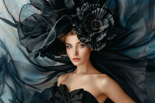 A beautiful woman dressed in an elegant black gown adorned with a large floral headpiece showcases her captivating beauty against a soft background photo