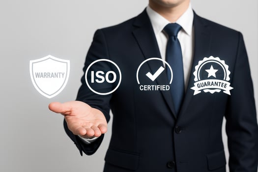 Business Professional Presenting Warranty, ISO Certification, and Quality Guarantee Concepts photo