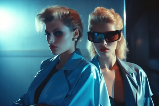 Two women in blue jackets and sunglasses photo