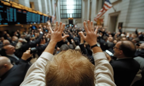 A man raising his hands in front of a crowd of people photo