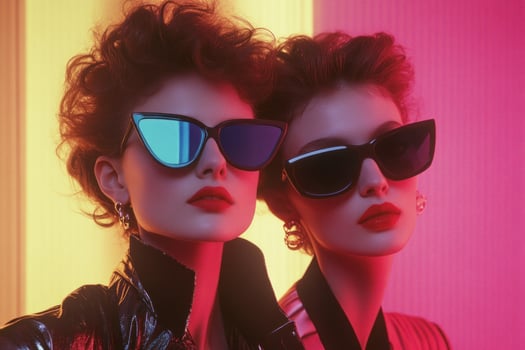 Two women wearing sunglasses in front of a neon light photo