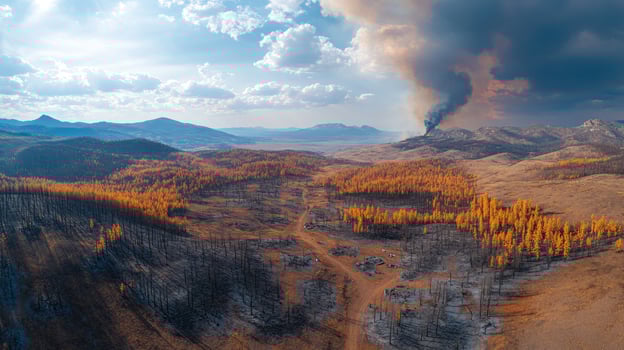 An aerial view of a forest fire in the mountains photo