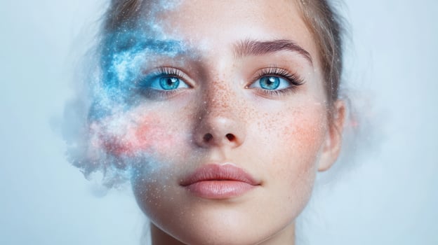 A woman with blue eyes and a cloud of smoke photo