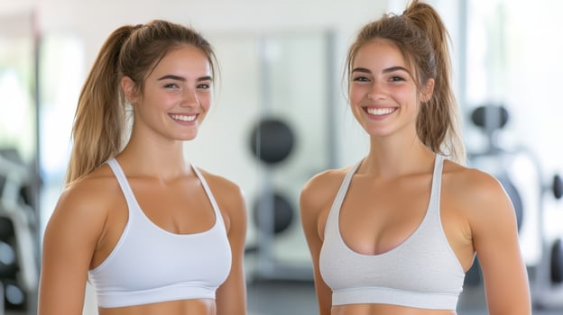 Fit women smiling in gym, showcasing their healthy lifestyle and confidence photo