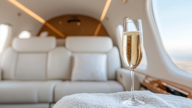 A glass of champagne on a table in an airplane photo