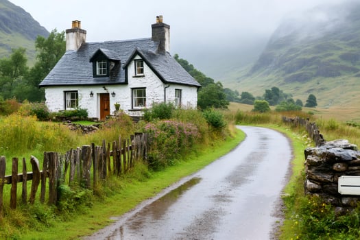 Wet road leading to white cottage in Scottish Highlands photo