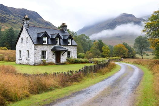 Gravel road leading to charming stone house in Scottish Highlands photo