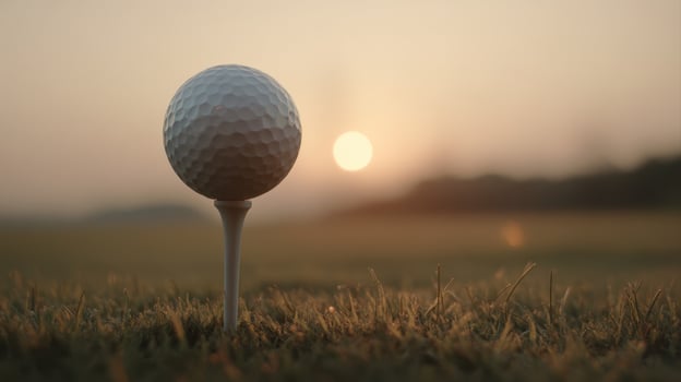 golf ball on tee at sunrise, surrounded by grass, creating serene and peaceful atmosphere for golfers photo