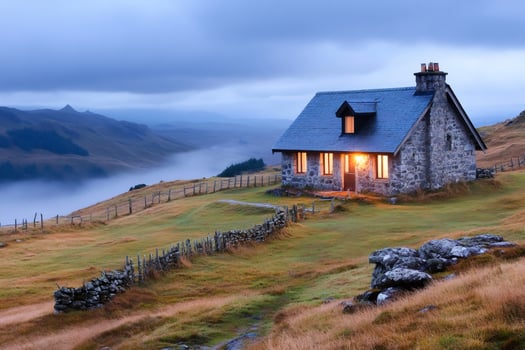 Lonely house illuminating the scottish highlands at dusk photo