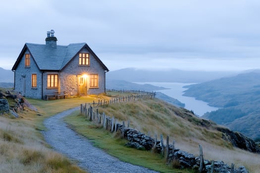 Stone cottage overlooking Loch Shieldaig in Scotland at dusk photo