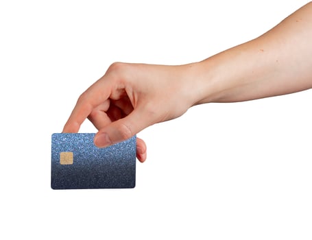Card for payment service. Client holding premium plastic credit and debit bank card with chip, photo