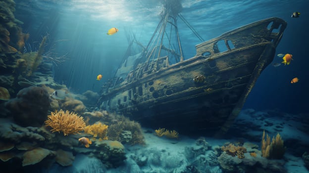 An underwater scene with a ship and coral reefs photo