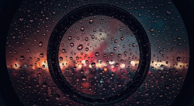 Rain Drops on Window with City Lights at Night Peeking Through photo
