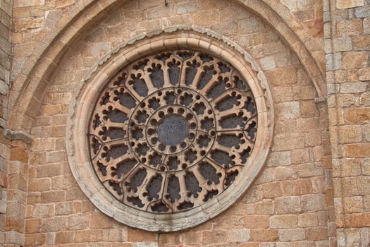 Detailed view of the Mondonedo Cathedral facade rose window in Lugo, Galicia, Spain. photo