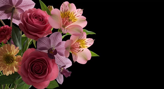 Exquisite Bouquet of Pink and Purple Flowers on Black Background photo