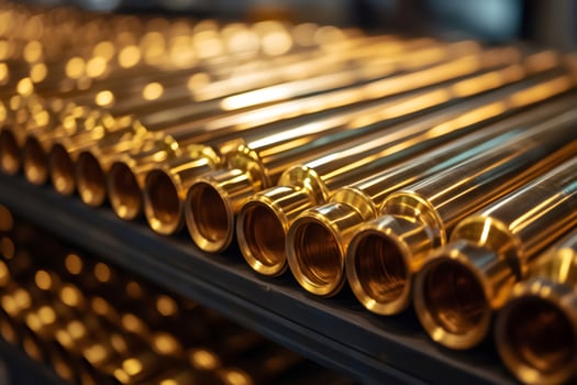 Shiny brass pipes manufacturing process showing industrial production line photo