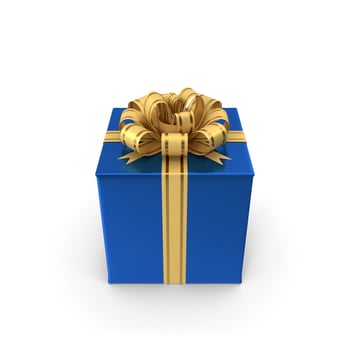 Blue gift box with shiny gold ribbon and bow sits on white background showcasing vibrant colors and festive design perfect for birthdays holidays or celebrations photo