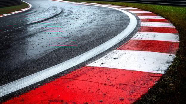 Wet asphalt of a racing track with red and white kerbs photo